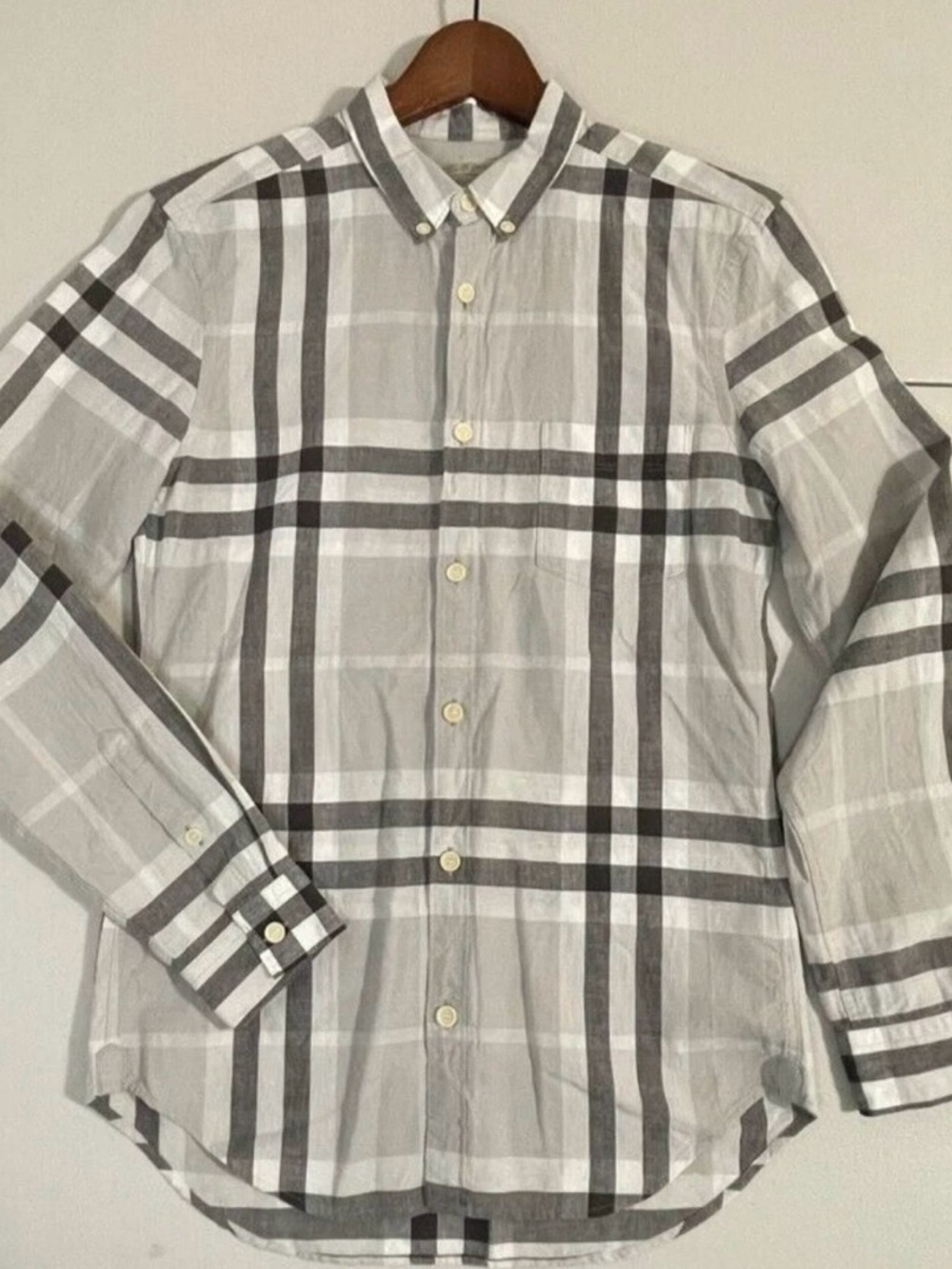 Burberry Men’s White & Gray Plaid Button-Down Shirt